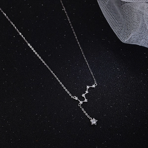 Detail of silver Big Dipper necklace with sparkling zircon stars on black galaxy background