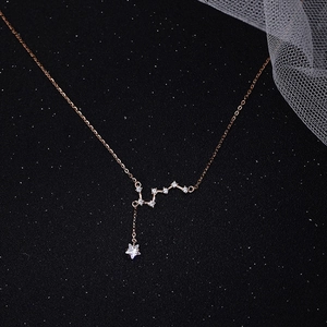 Detailed macro view of the rose gold Big Dipper necklace with tassel and white zircons