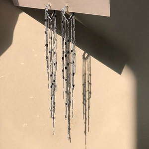 Detailed close-up of silver tassel earrings with heart studs and shiny round sequins