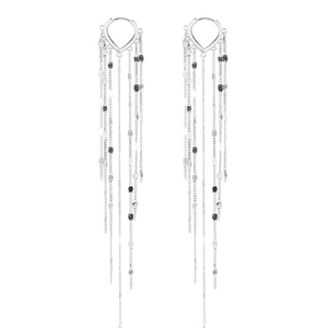 Elegant silver heart chain tassel earrings with metallic sequins and black beads drop