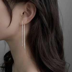Elegant S925 sterling silver long tassel drop earrings with sparkling zircon for women