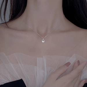 Detailed view of teardrop zircon necklace on neck showing elegant silver chain and pendant