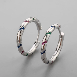 Elegant S925 sterling silver hoop earrings with slanted multi-color zircon inlay