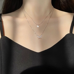 Layered Necklace Copper Cubic Zirconia Butterfly Flower Pendants Elegant Minimalist Clavicle Chain Jewelry For Women