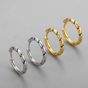 French style S925 silver hoop earrings with twisted texture and multi-color zircon inlay