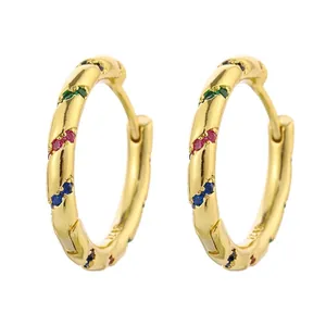 French style gold S925 silver hoop earrings with spiral texture and colorful zircons