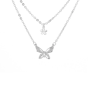 Double-layer 925 silver necklace featuring a zircon butterfly and a small flower pendant