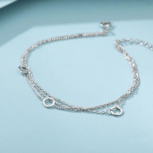 Minimalist 925 sterling silver triple-layer chain bracelet with three circular charms