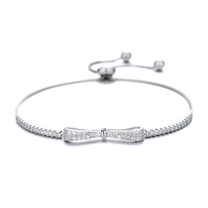 Sparkling S925 silver bow bracelet with cubic zirconia and adjustable bolo clasp
