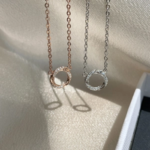 Minimalist double ring pendant necklaces in silver and rose gold with zircon inlay