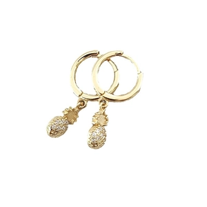 Elegant gold pineapple hoop earrings featuring micro-pave crystals on a white background