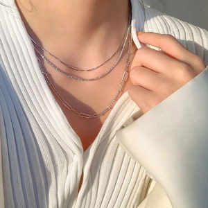 Three-layer S925 sterling silver layered necklace with snake and paperclip link chains