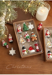 Set of 12 festive Christmas glass ornaments with Santa and Snowman in a kraft gift box