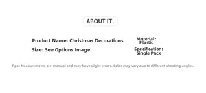 Detailed product specifications for glittery plastic Christmas ornaments on white background
