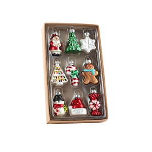 9-piece set of festive Christmas glass ornaments including Santa and Snowman in a kraft box