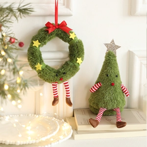 Albero di Natale in peluche verde e ghirlanda con gambe a righe per decoro festivo