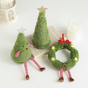 Set da 3 pezzi con alberi di Natale e ghirlanda in peluche con stelle e gambe a righe