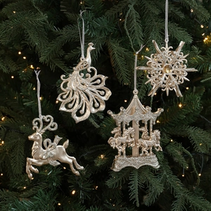 Ornements Suspendus Arbre de Noël Or Champagne Paillettes Renne Paon Carrousel Flocon Décoration Fête Maison