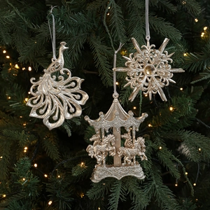 Lot de décorations de Noël dorées avec paon, flocon de neige et carrousel à paillettes