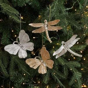 Glitter Plastic Butterfly Dragonfly Christmas Tree Hanging Ornaments Gold Silver Transparent Insect Festive Holiday Party Decor