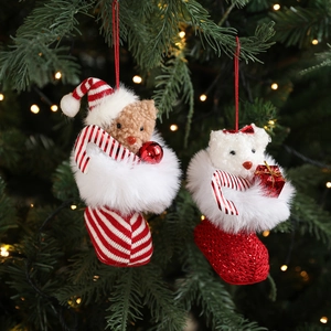 Christmas plush bear hanging ornaments in red boots for festive tree decoration