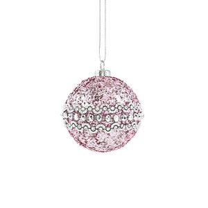 Boule de Noël rose pailletée avec bande florale argentée et strass étincelants