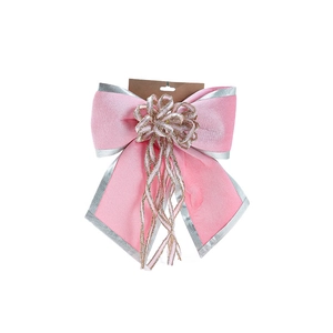 Pink velvet Christmas bow with silver glitter edges and floral center tree decoration
