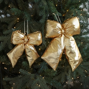 Gold Metallic Christmas Bow Ornaments Shiny Hanging Decoration For Xmas Tree Party Home Festive Padded Decor