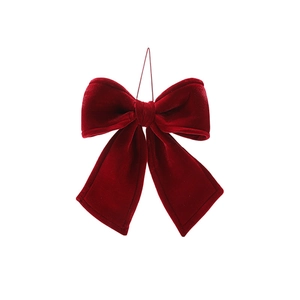 Red velvet Christmas bow ornament with gold hanging string for holiday tree decoration