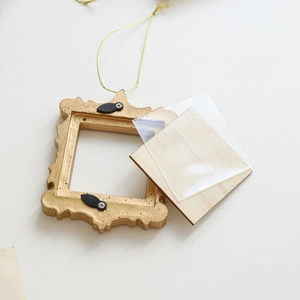 Golden baroque mini photo frame ornament set with vintage relief and gold hanging string