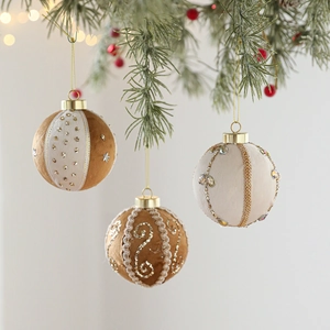 Set of 3 brown velvet Christmas ball ornaments with gold lace and sequins on pine branches