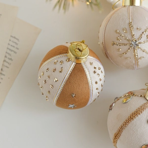8cm brown and beige fabric Christmas ball ornaments with gold sequins and beads