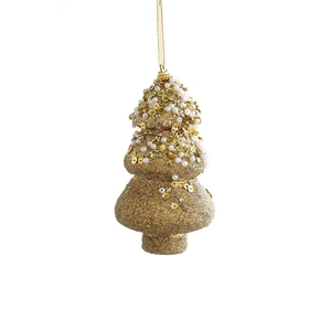 Golden Christmas tree pendant with glitter, sequins, and pearls for holiday decor