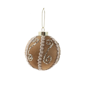 Brown fabric 8cm Christmas ball ornament with gold sequins and white woven lace trim