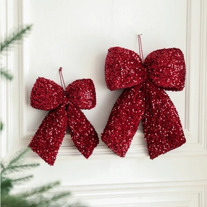 Red Sequin Christmas Bow Ornament Shiny Fabric Hanging Pendant For Holiday Party Tree Decoration Elegant Luxury Style