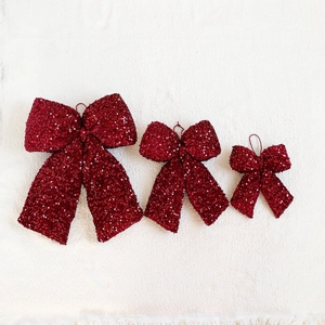 Three-piece set of wine red sequin Christmas bows for tree decoration and holiday hanging