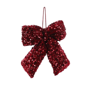 Premium sparkling red sequin Christmas bow ornament with hanging loop for tree decoration