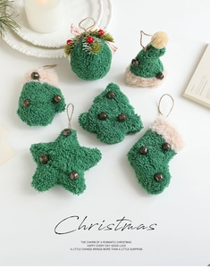 Set of 6 green fleece Christmas ornaments featuring stars, socks, and bells with jute ropes