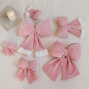 Lot de nœuds de Noël en velours rose avec bordure en peluche blanche pour sapin et décoration
