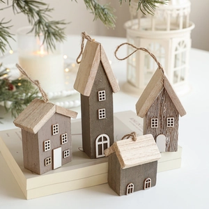 Set of 4 rustic wooden Christmas house ornaments with natural wood grain and hanging ropes