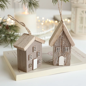 Set of two rustic wooden Christmas house ornaments with window grids and jute hanging ropes