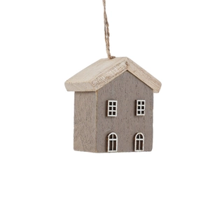 Miniature rustic wooden Christmas house ornament with hemp rope for festive hanging decor