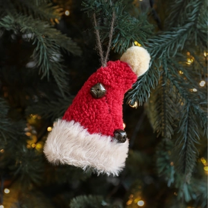 Mini red knit Christmas hat ornament with white plush trim and twin copper bells