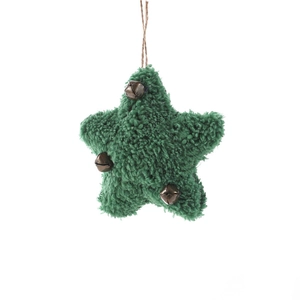 Handmade green plush star ornament with bronze bells and rustic hanging rope for tree