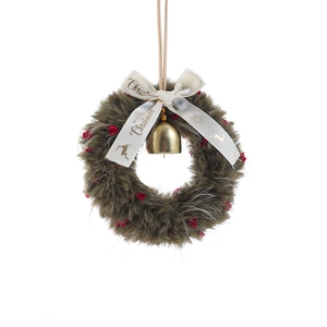 Green plush Christmas wreath ornament with white Merry Christmas ribbon and gold bell