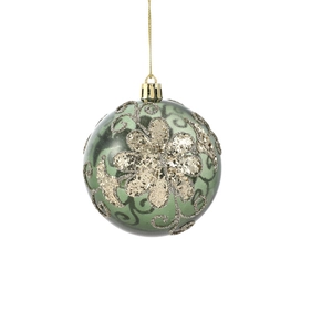 Glossy emerald green Christmas ball with gold glitter floral patterns and hanging loop