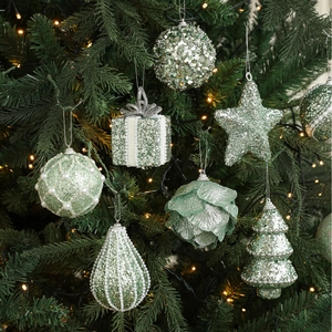 Mint Green Christmas Hanging Ornaments Foam Sequin Glitter Baubles Faux Artificial Pearl Star Tree Pendant Festive Home Decor