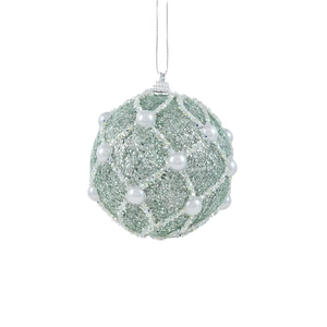 Sparkling mint green Christmas ball with white pearl grid texture and silver hanging cap