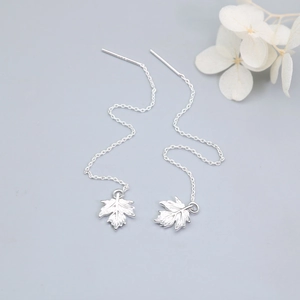 Elegant S925 sterling silver maple leaf tassel drop earrings with long chain design