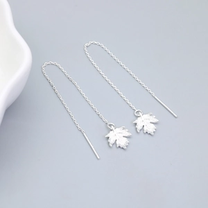 S925 sterling silver maple leaf threader earrings with frosted finish and long chain tassels
